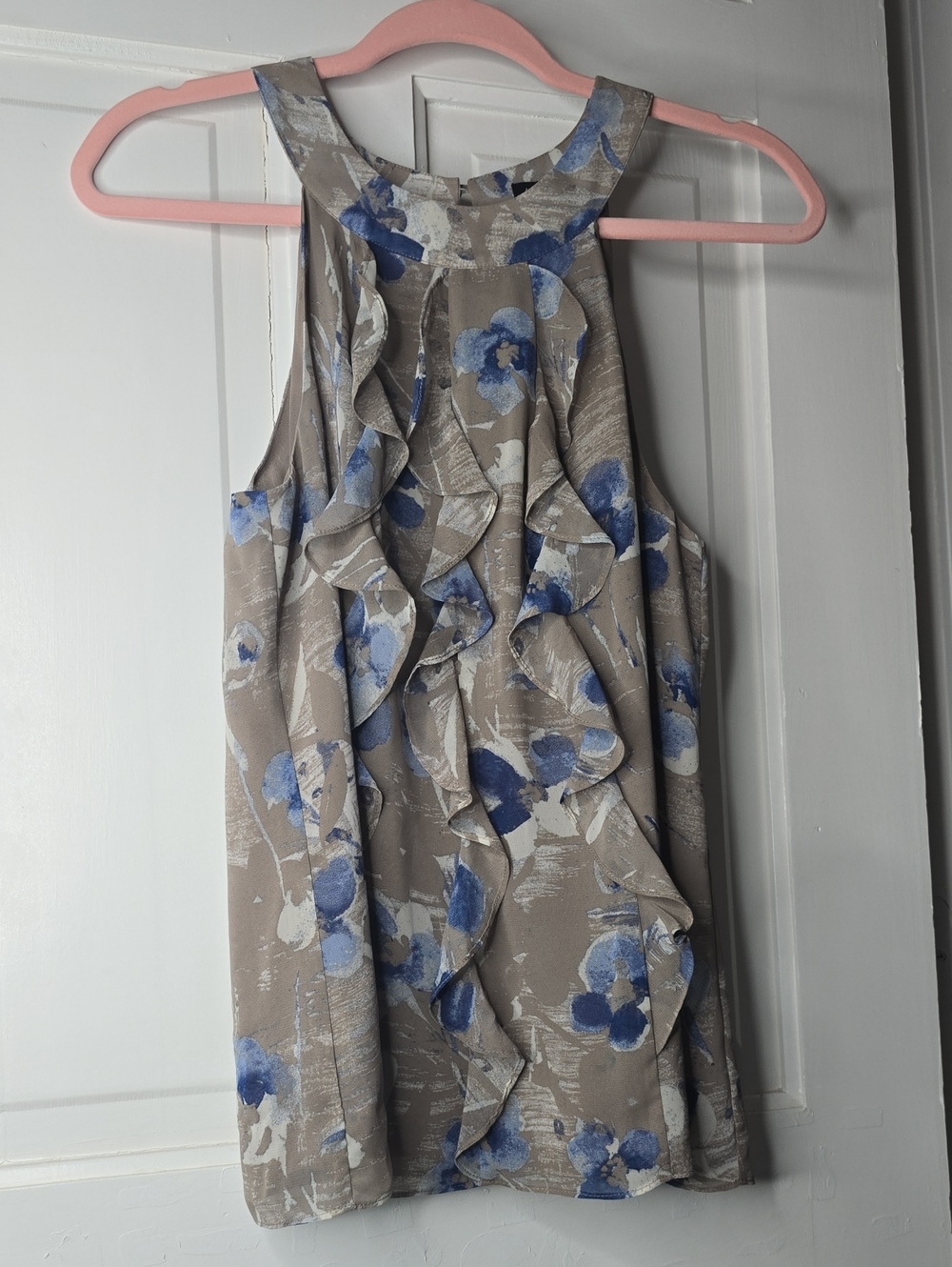 Ann Taylor Taupe Floral Ruffle Front Shell with Blue Accents